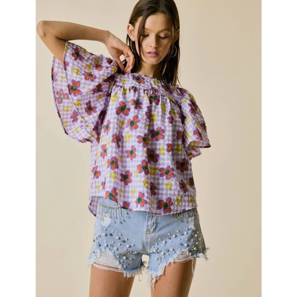 NWT Floral Heart Print Short Sleeve Puff Ruffle Top Size Medium - Picture 2 of 11